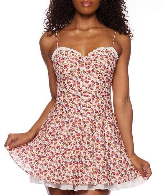 B. Darlin Floral Print Sweetheart Ruffle Neck A-Line Dress Product Image