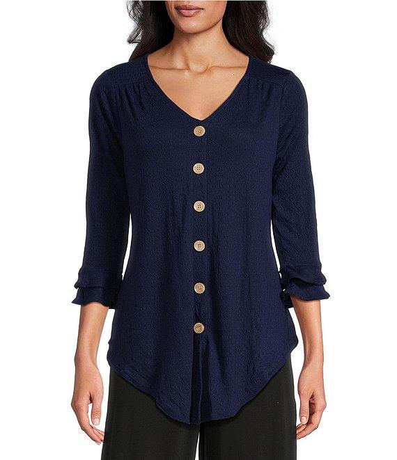 I.N. Studio Knit V-Neck Elbow Flounce Sleeve Tie-Front Top Product Image