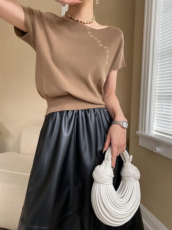 Stylish Loose Solid Color Boat Neck Knitwear Pullovers Tops Product Image