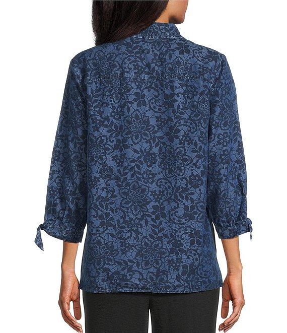 Allison Daley Petite Amazing Lace Print 3/4 Tie Sleeve Point Collar Button Front Lyocell Blouse Product Image