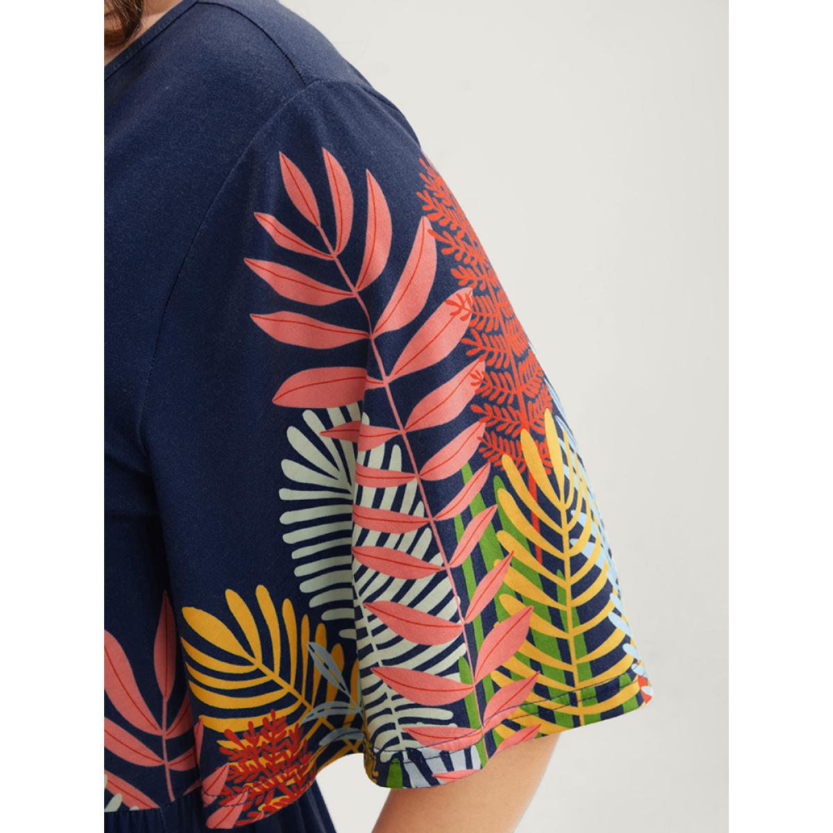 Plus Size Plant Print Surplice Neck Pocket Ruffles Midi Dress Indigo Women Vacation Elastic Waist V-neck Half Sleeve Curvy Long Dress BloomChic 18-20/2X Product Image