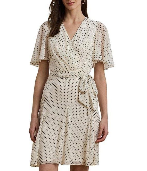 Lauren Ralph Lauren Georgette Dotted Print V Neck Short Sleeve Belted Wrap Mini Dress Product Image