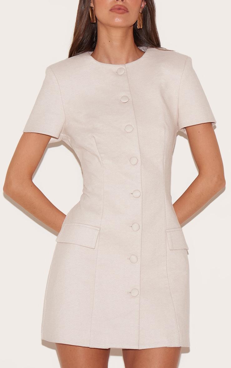 Almond Herringbone Tailored Short Sleeve Mini Dress Product Image