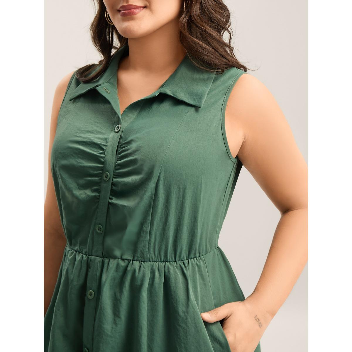 Plus Size Ruched Cinched-Waist Shirt Dress Emerald Women Shirt collar Sleeveless Curvy BloomChic 28/5X Product Image
