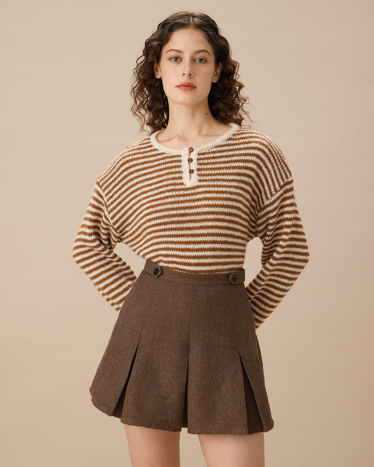 Brown Striped Pleated Mini Skirt Product Image