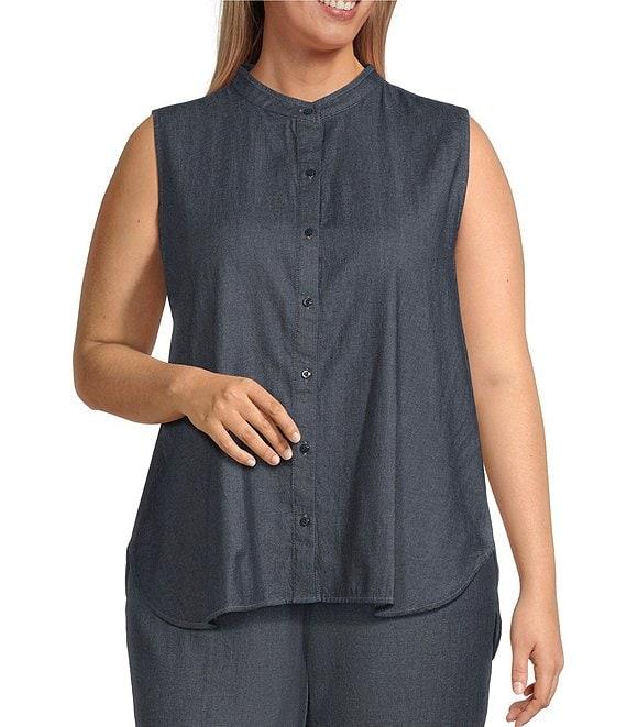 Eileen Fisher Plus Organic Cotton Twill Mandarin Collar Sleeveless Top Product Image