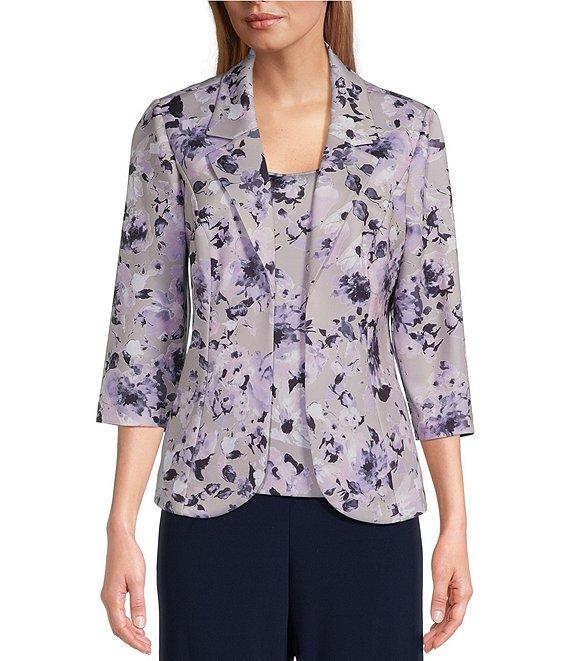 Alex Evenings Petite Size Floral Print 3/4 Sleeve Notch Lapel Collar Crepe Twinset Product Image
