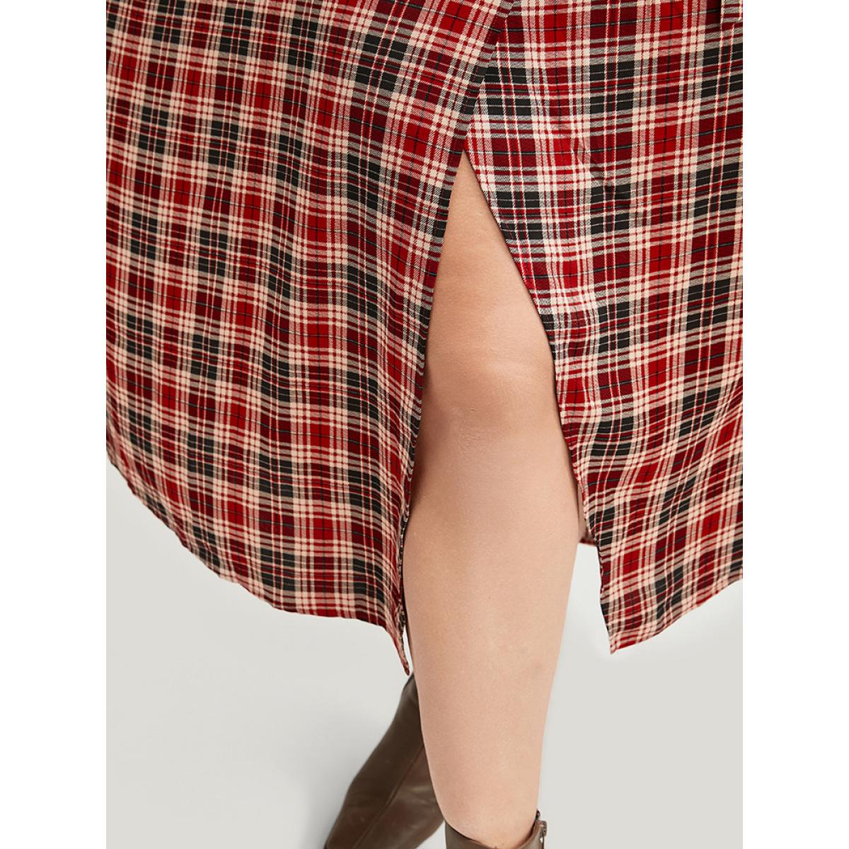 Plus Size Tartan Wrap Lantern Sleeve Pocket Knotted Split Dress Maroon Women Elegant Knotted V-neck Long Sleeve Curvy Midi Dress BloomChic 12/L Product Image