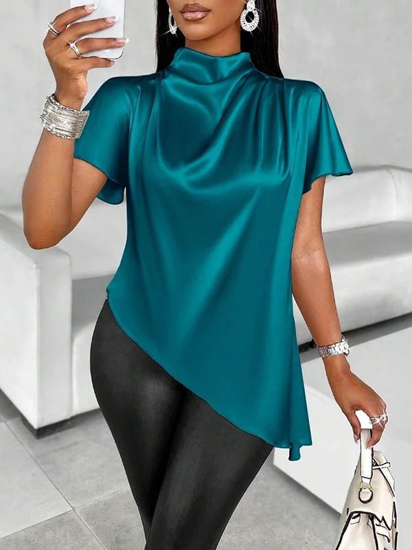 Loose Short Sleeves Asymmetric Solid Color Mock Neck Blouses&Shirts Tops Product Image