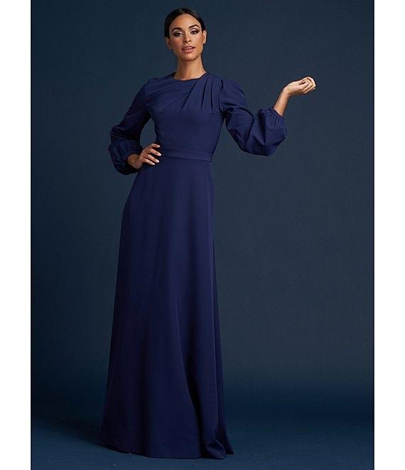 Kay Unger Ruched Jewel Neck Long Blouson Sleeve Stretch Crepe Gown Product Image