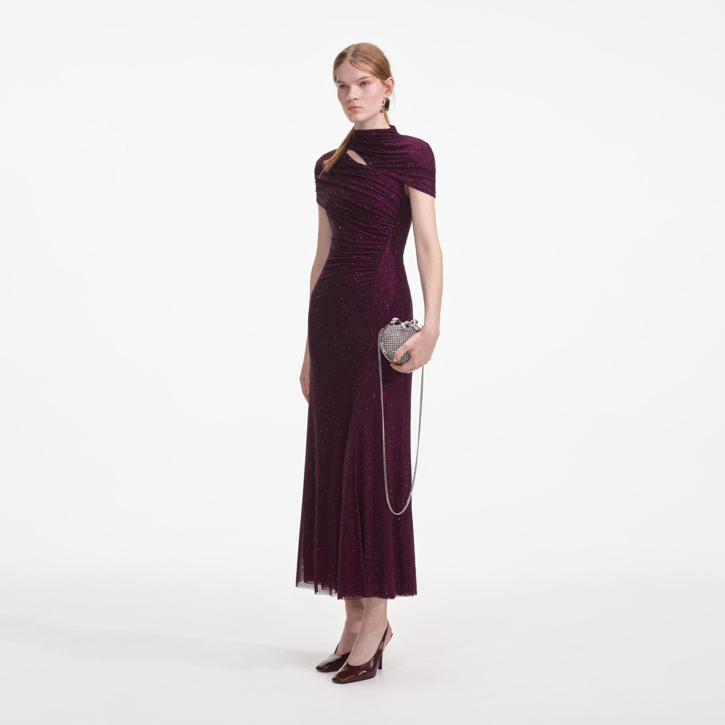 Burgundy Rhinestone Mesh Cut Out Midi Dress Product Image