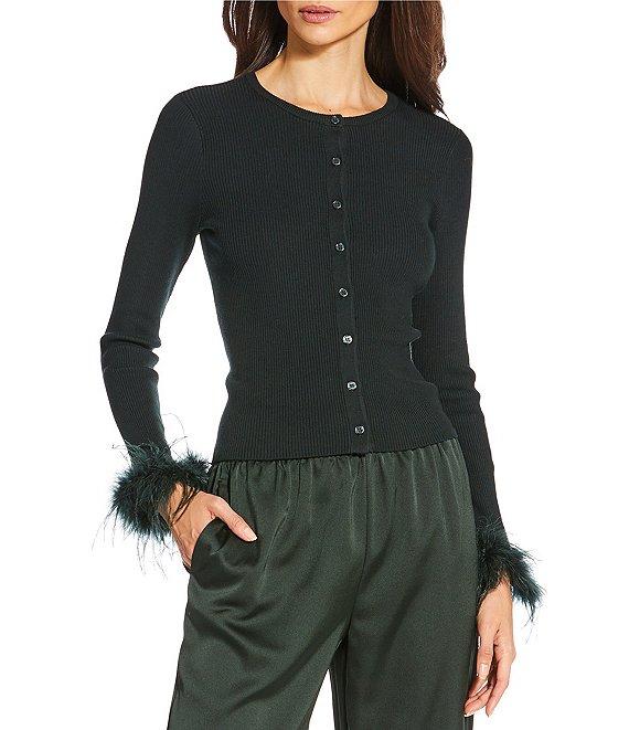 Gianni Bini Farrah Feather Trim Crewneck Long Sleeve Sweater Cardigan Product Image