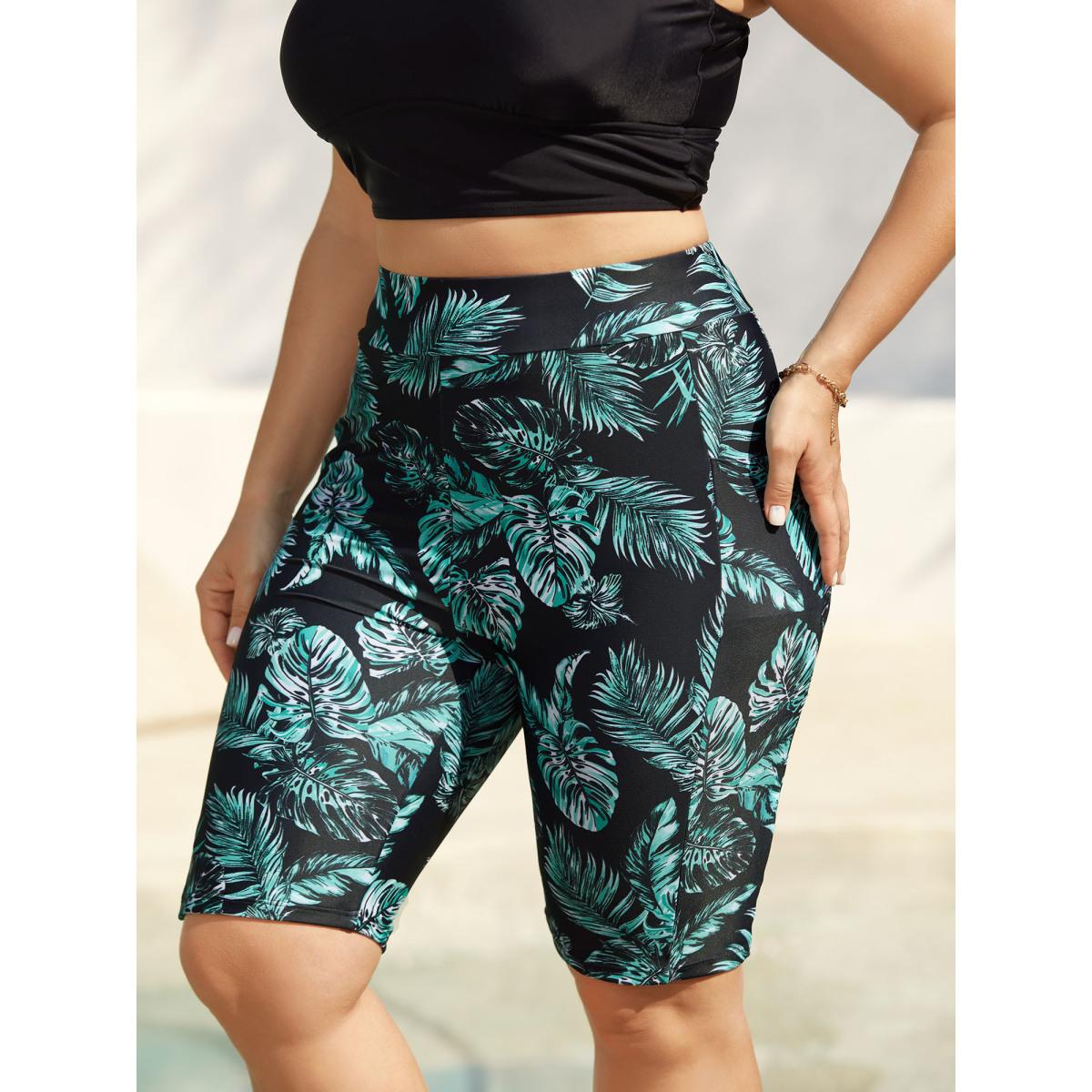 Plus Size Tropical Leaf Print Pocket Swim Bottoms Women's Swimwear Black Beach High stretch Skinny High Rise Side seam pocket Curve Swim Bottoms BloomChic 26/4X Product Image