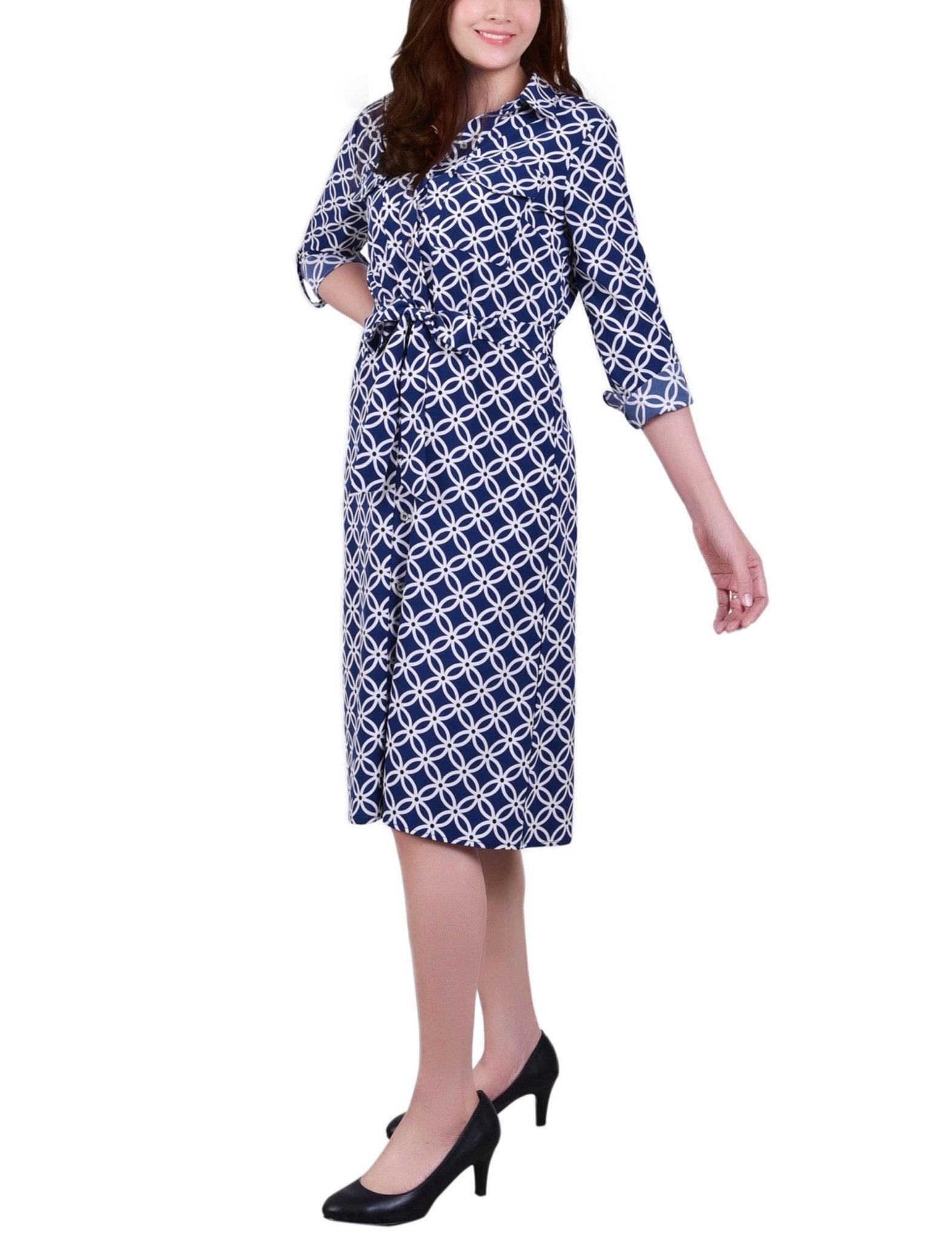 Navy Iconic 3/4 Roll Tab Sleeve Belted Shirtdress - Petite Product Image