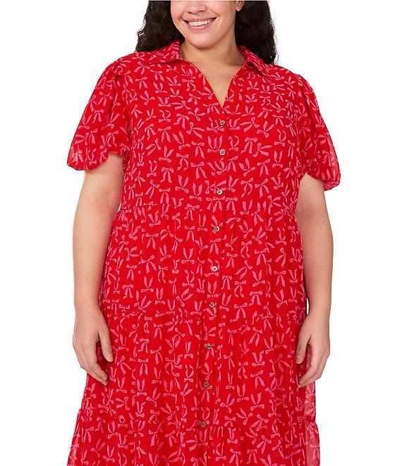 CeCe Plus Size Gauze Chiffon Bow Print Point Collar Short Sleeve Tiered Midi Dress Product Image