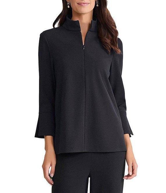 Ming Wang Stretch Deco Crepe Stand Collar Bracelet Sleeve Zip Front Blouse Product Image