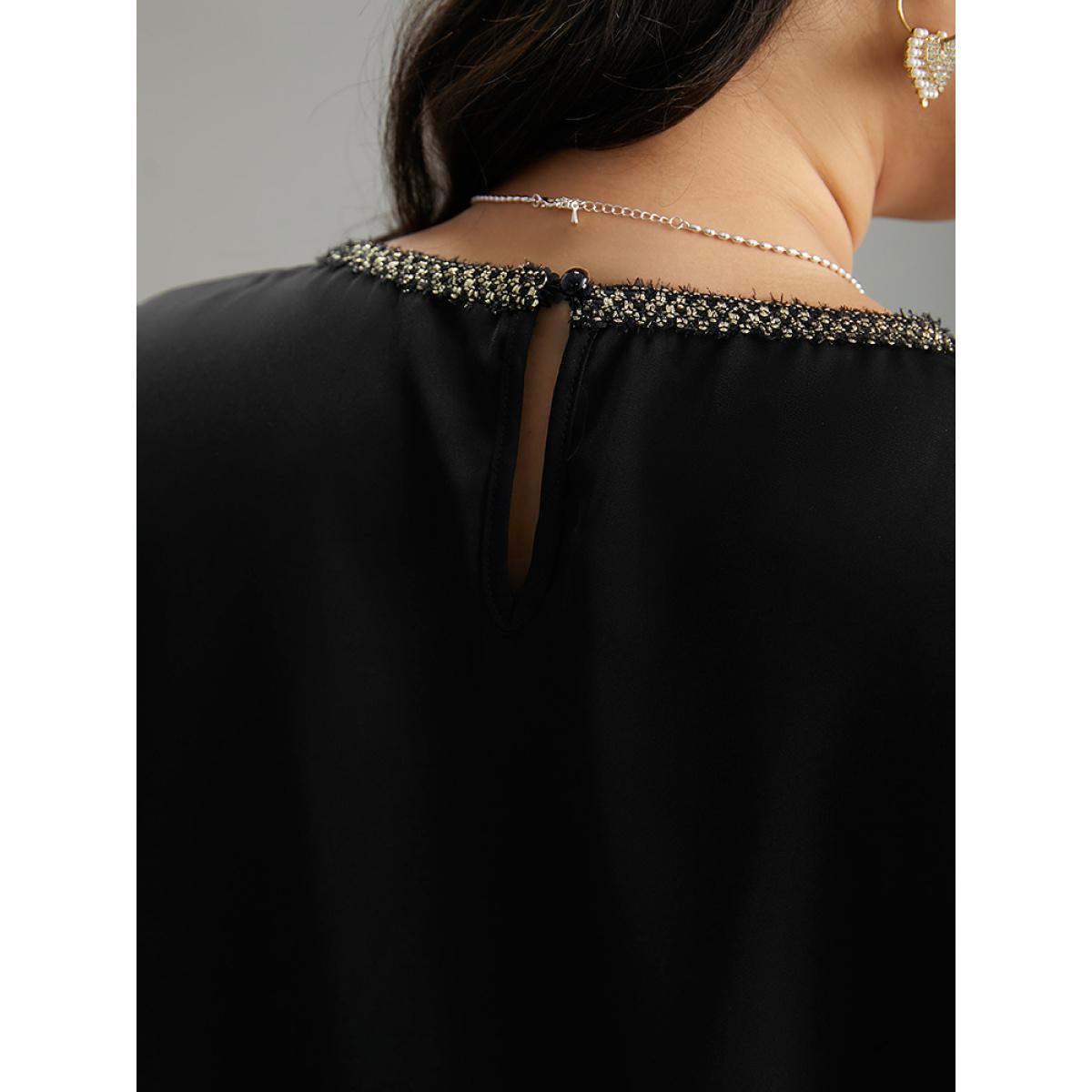 Plus Size Black Plain Contrast Webbing Crew Neck Blouse Women Office Long Sleeve Round Neck Office Blouses BloomChic 26/4X Product Image