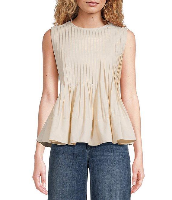 Gibson & Latimer Woven Pleated Round Neck Sleeveless Flounce Peplum Top Product Image