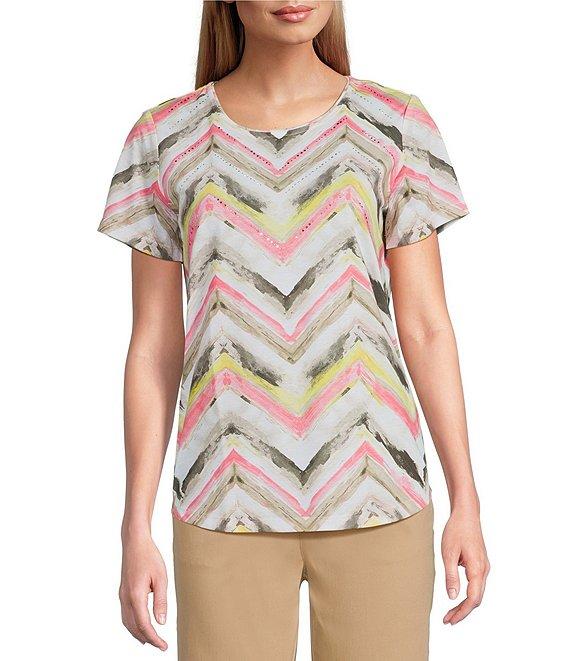 Allison Daley Chevron Strokes Print Embellished Short Sleeve Crew Neck Knit Top Product Image