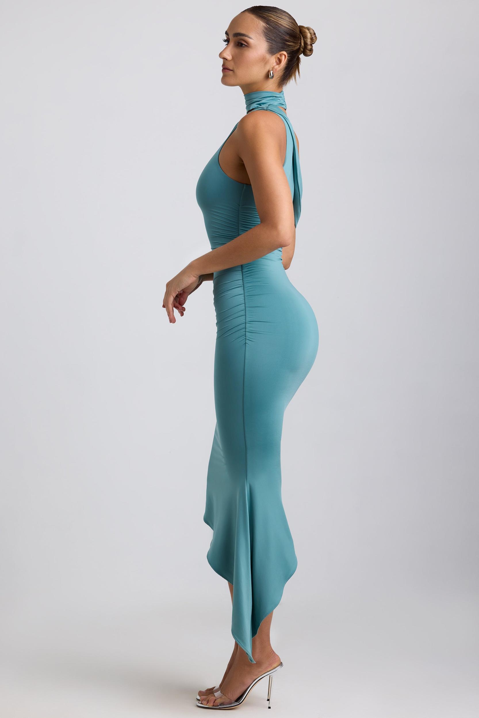Slinky Jersey Asymmetric Cowl-Neck Midaxi Dress in Sea Green Product Image