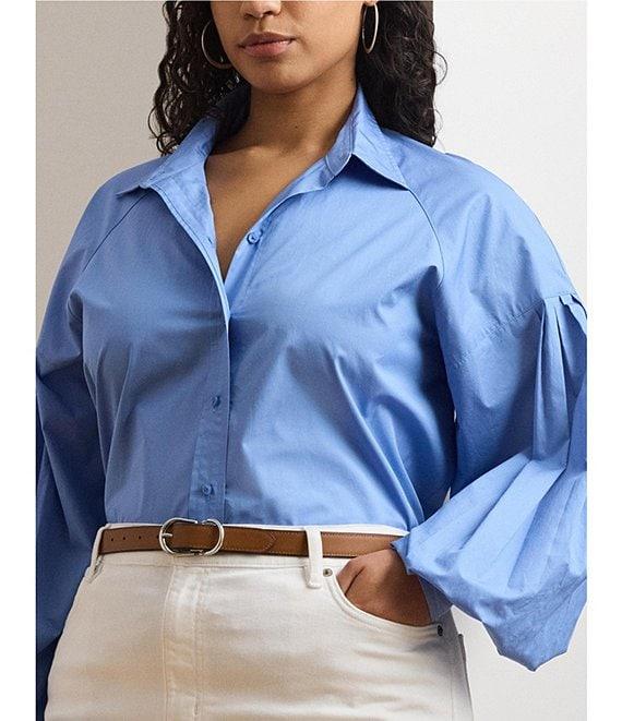 Lauren Ralph Lauren Plus Size Cotton Poplin Point Collar Long Blouson Sleeve Button-Front Shirt Product Image