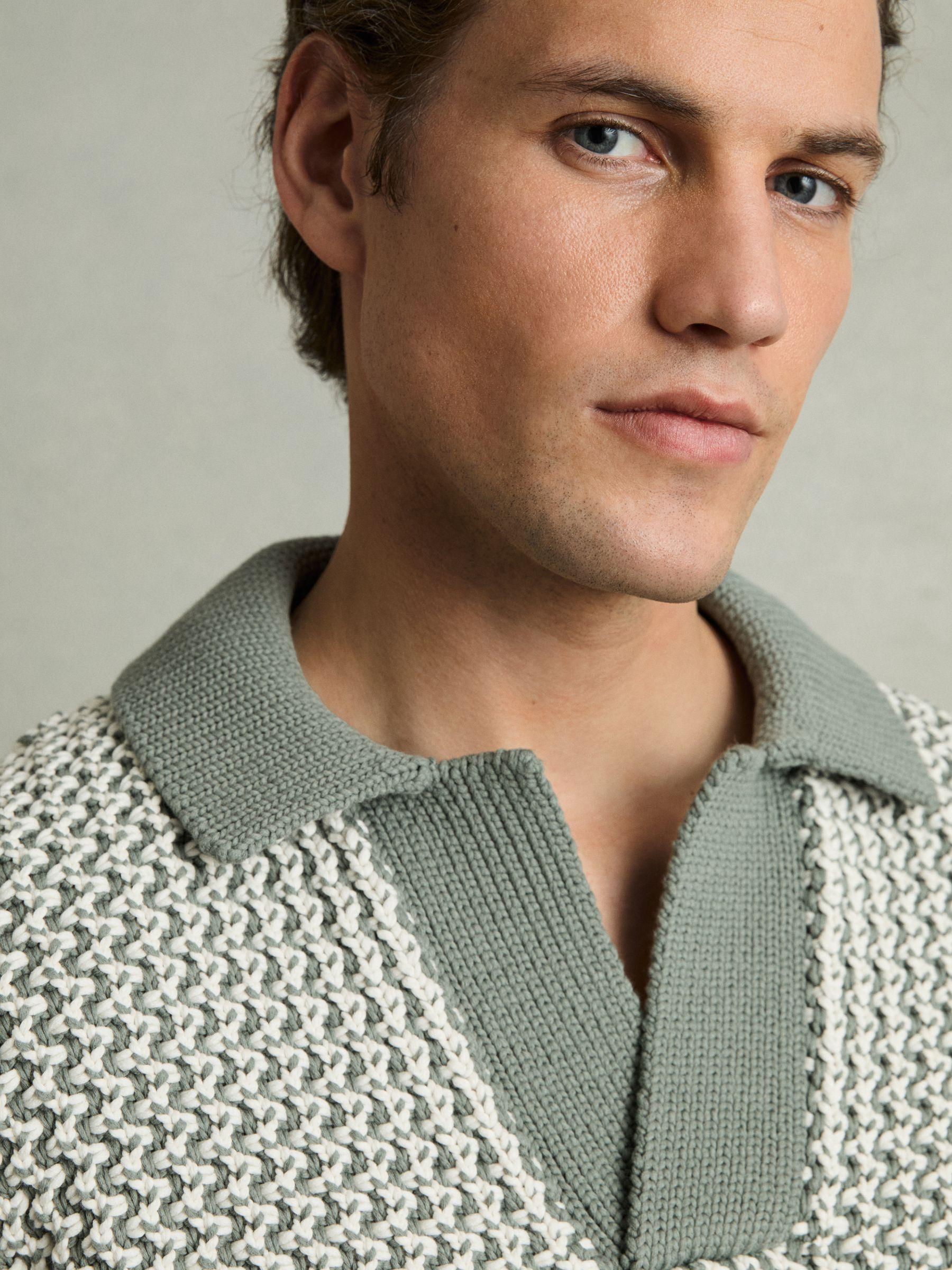 Chunky-Knit Open-Collar Polo Shirt in Sage/Off White Product Image