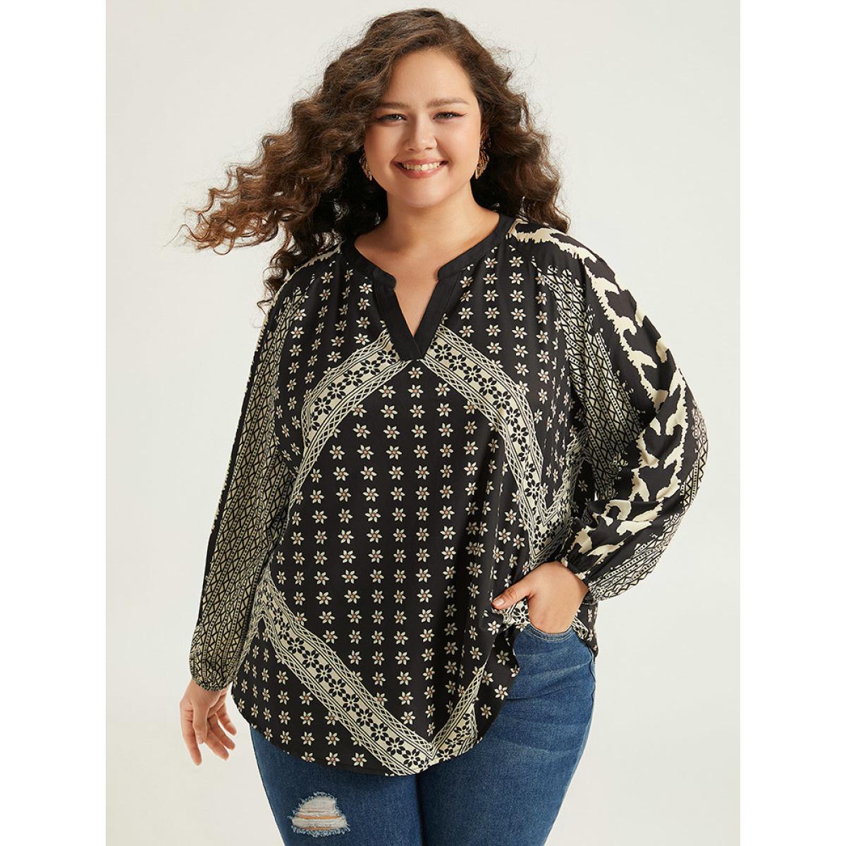 Plus Size Black Boho Print Lantern Sleeve Notched Blouse Women Vacation Long Sleeve Notched collar Dailywear Blouses BloomChic 18-20/2X Product Image