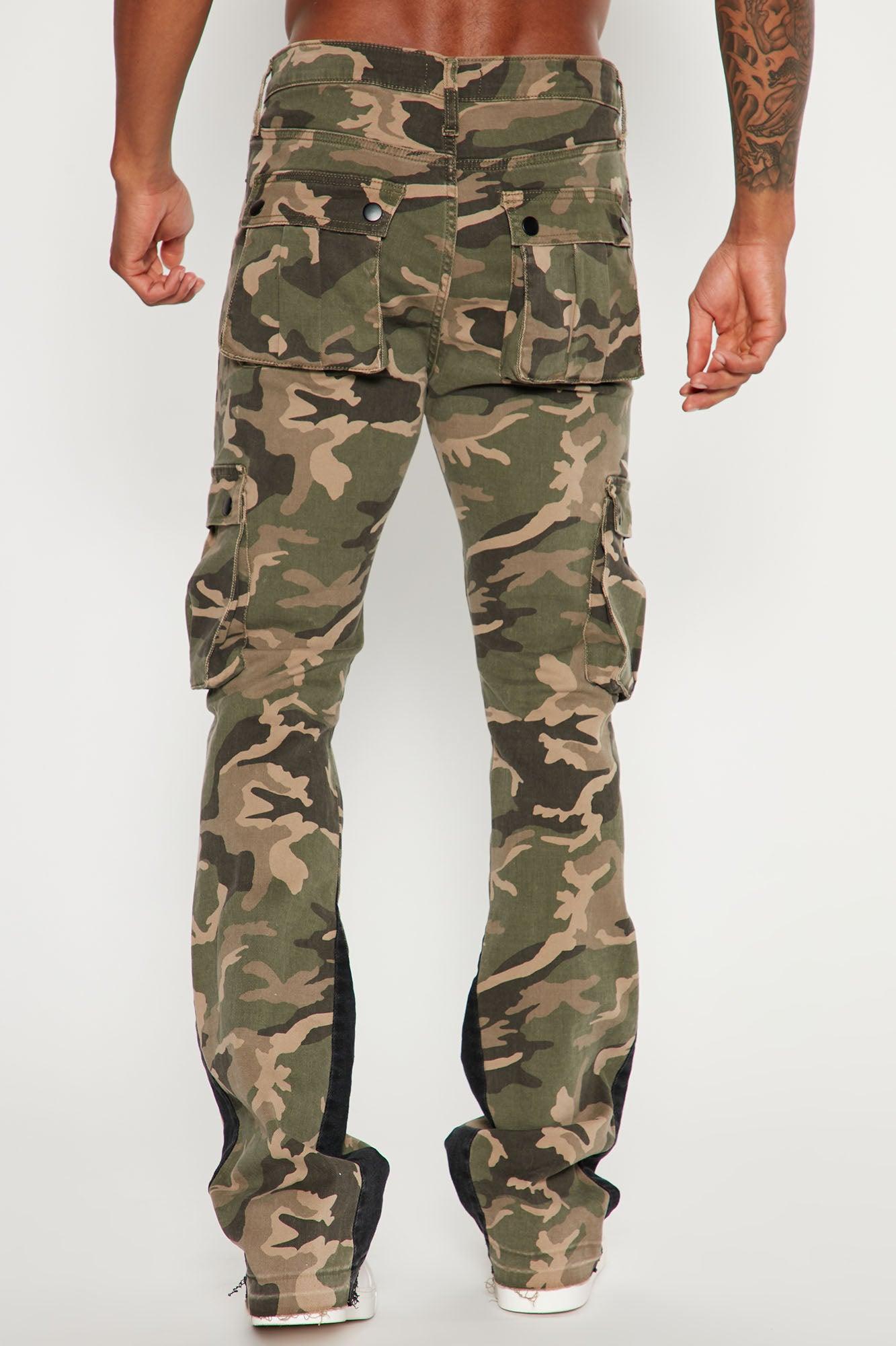 Contrast Skinny Stacked Flared Cargo Pants - Camouflage Product Image