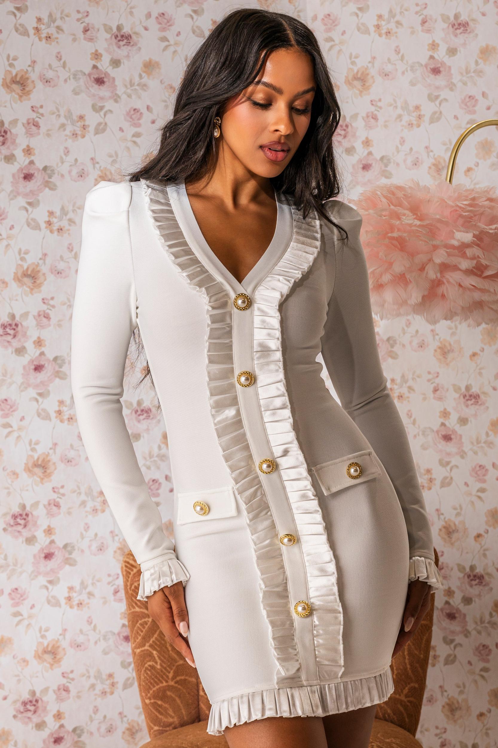 SAKURA BANDAGE RUFFLE MINI DRESS IN WHITE Product Image