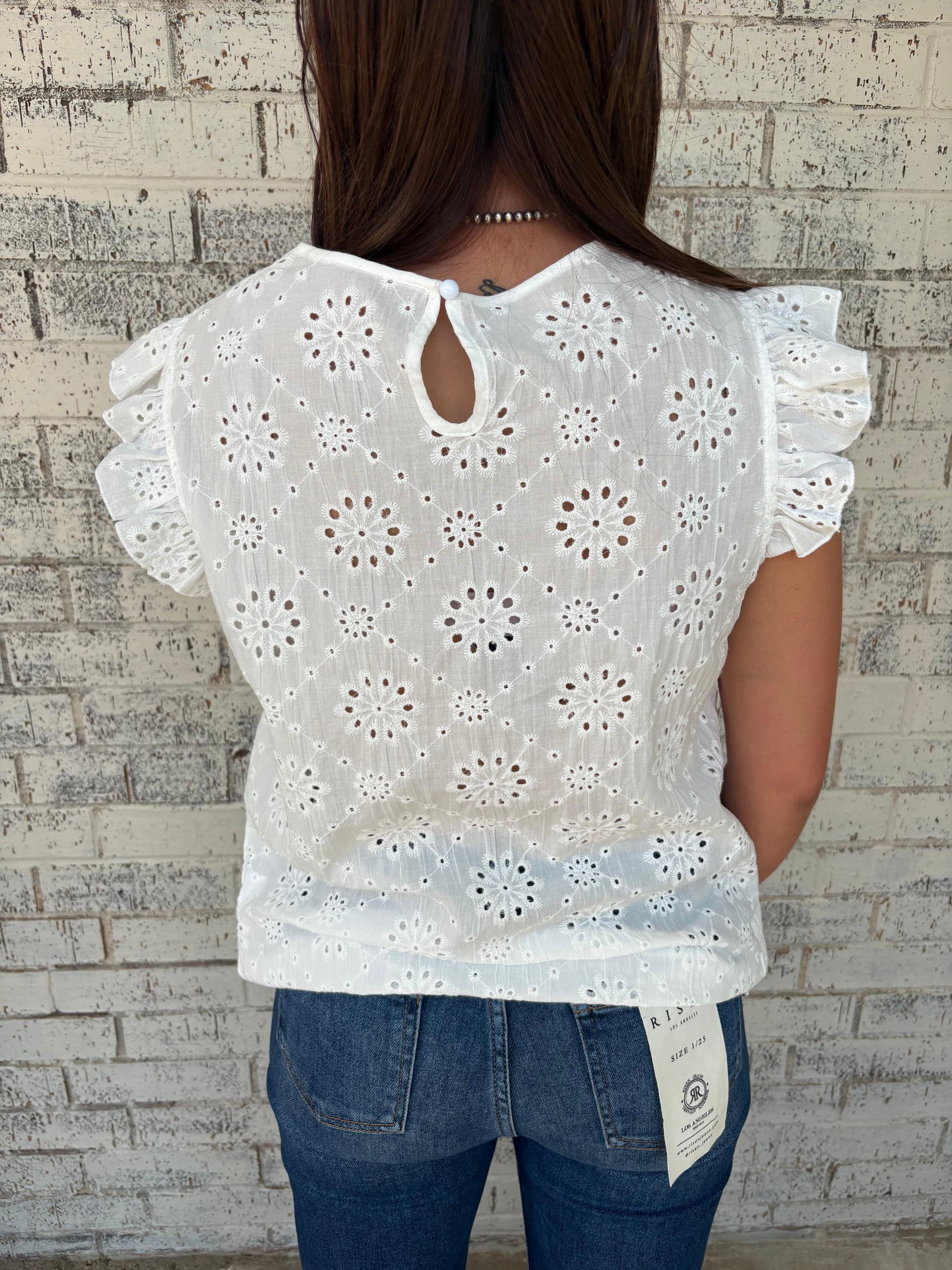 White Eyelet Embroidered Ruffled Flutter Sleeve Top* Product Image