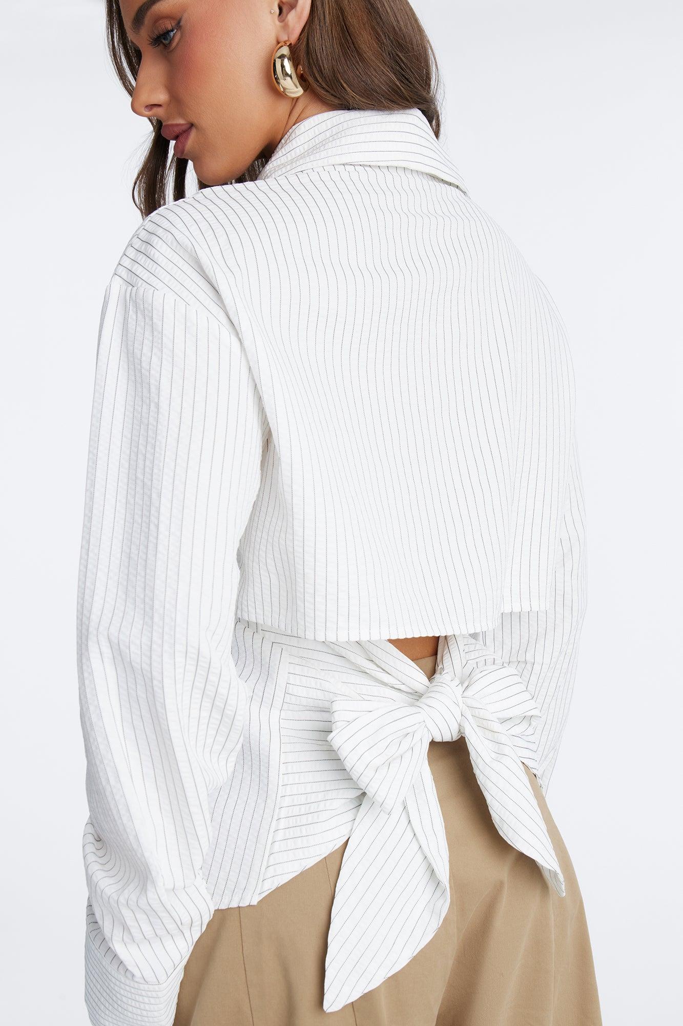 Like You Mean It Tie Back Pinstripe Shirt - White/combo Female Product Image