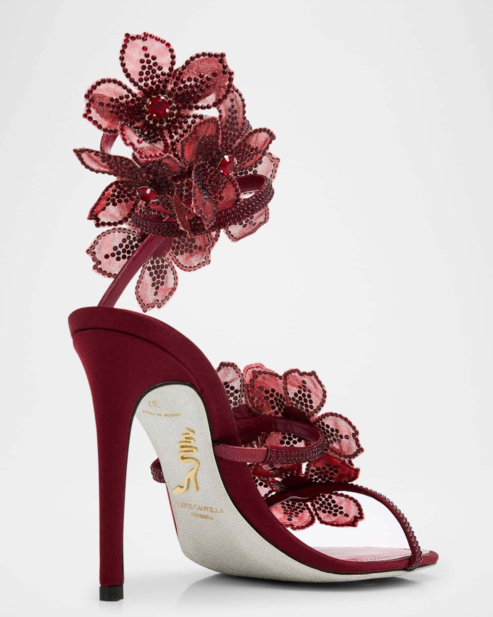 Floraine Crystal Flower Satin Snake Wrap Sandals Product Image