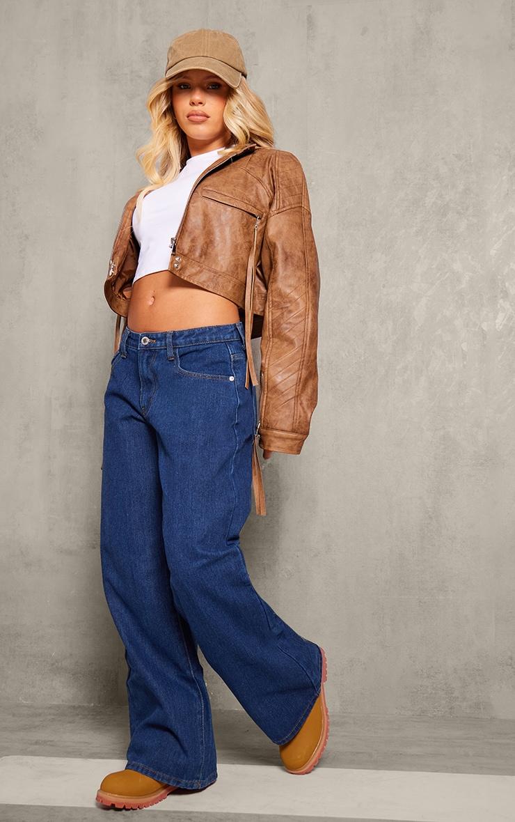 Brown Faux Leather Distressed Cropped Biker Jacket Product Image