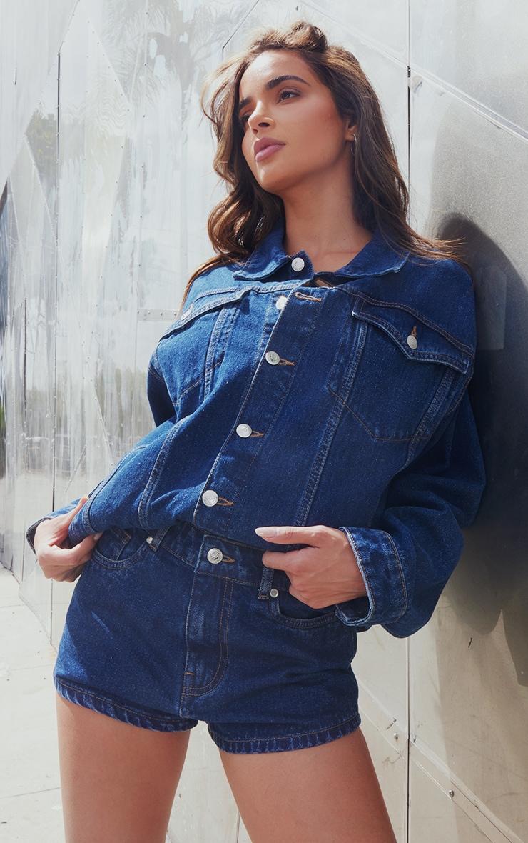 Mid Blue Wash Seam Detail Pocket Detail Button Up Denim Jacket Product Image