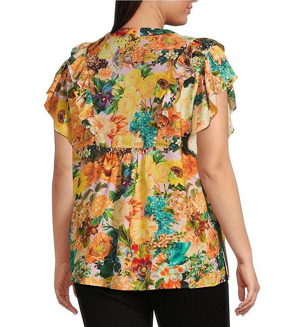 Calessa Plus Size Embroidered Vintage Floral Print Split V-Neck Ruffled Cap Sleeve Tunic Product Image