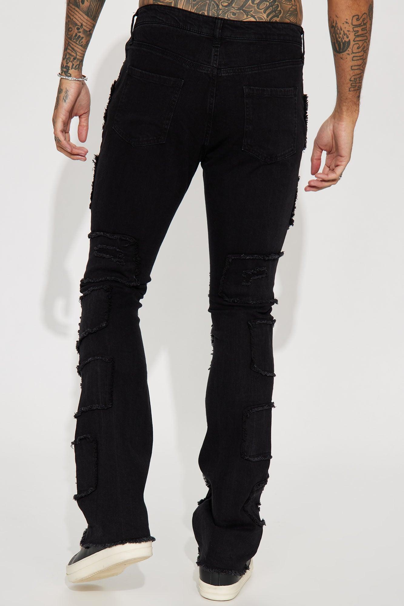 Shredded Stacked Skinny Flared Jeans - Black Wash Product Image