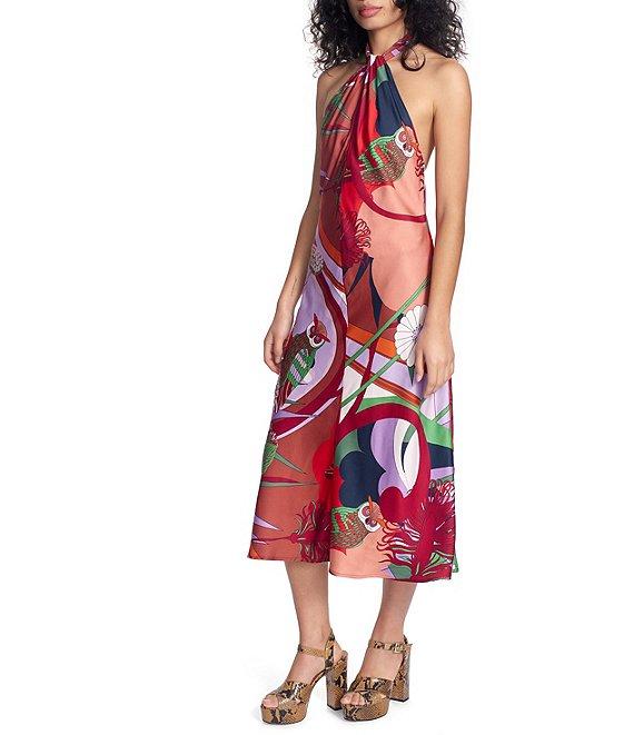 COREY LYNN CALTER Mina Printed Satin Woven Halter Neck Sleeveless Midi A-Line Dress Product Image