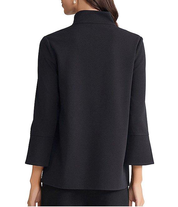 Ming Wang Stretch Deco Crepe Stand Collar Bracelet Sleeve Zip Front Blouse Product Image