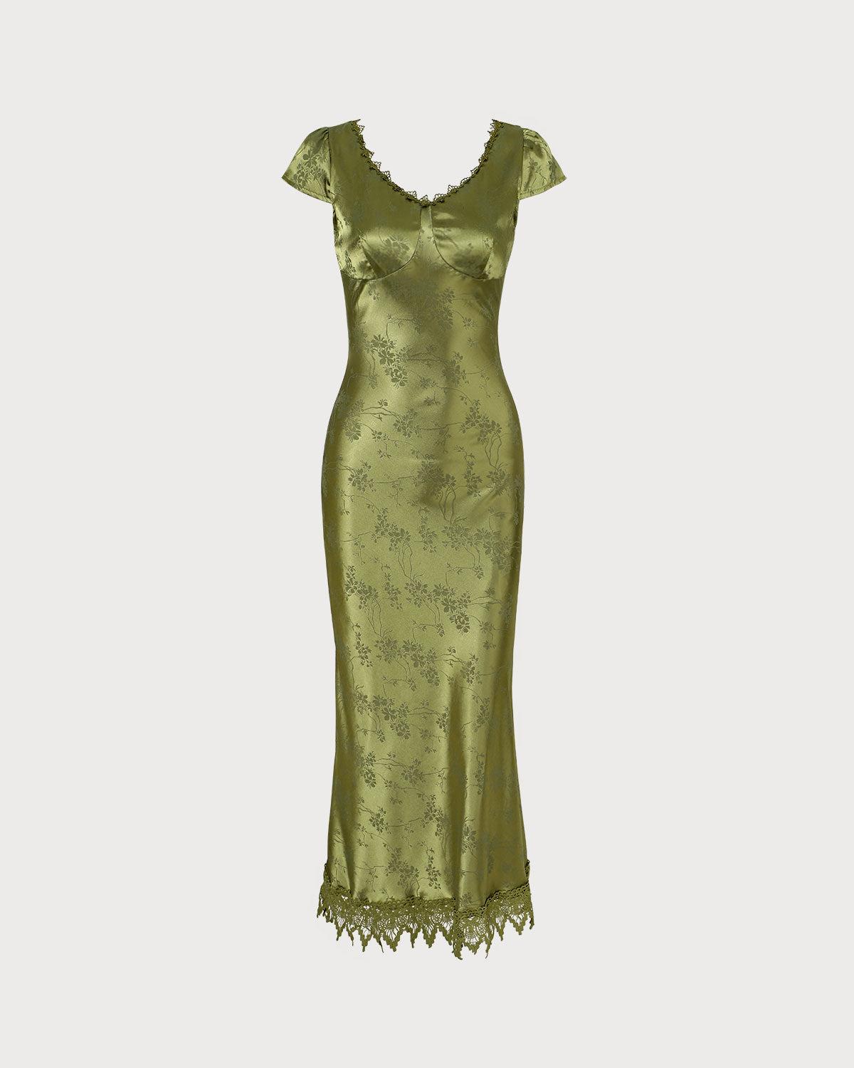 The Green Jacquard Cap Sleeve Satin Midi Dress Product Image