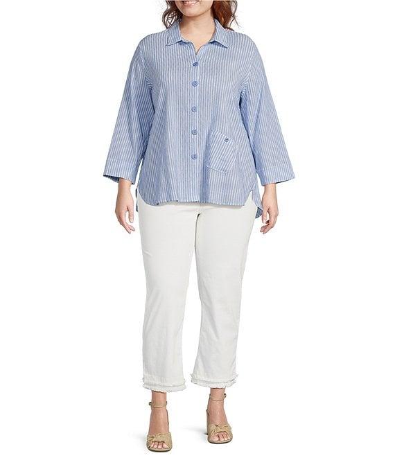 Ali Miles Plus Size Woven Yarn-Dye Striped Wire Neck 3/4 Sleeve Hi-Low Hem Button Front Tunic Product Image