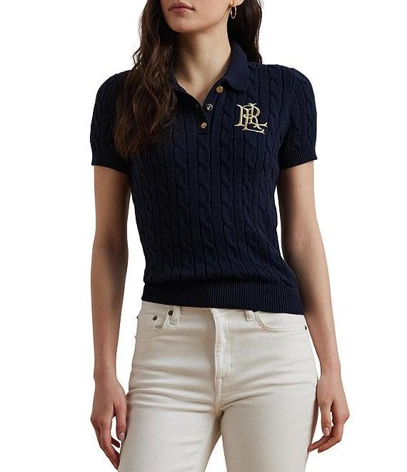Lauren Ralph Lauren Ribbed Cable Knit Polo Collar Short Sleeve Shirt Product Image