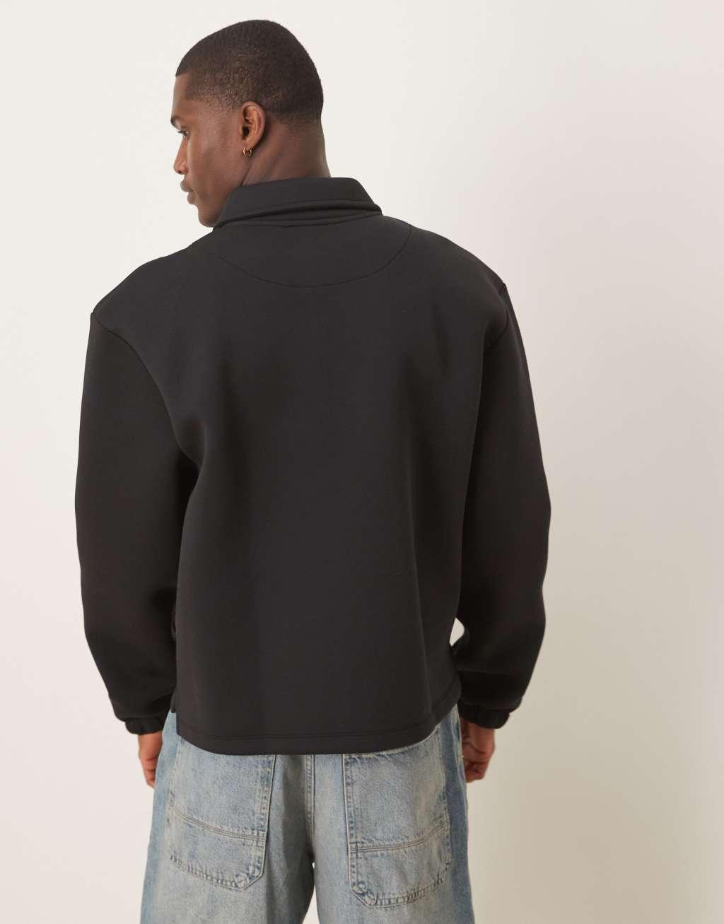 ASOS DESIGN oversized boxy quarter zip rugby scuba sweatshirt in black Product Image