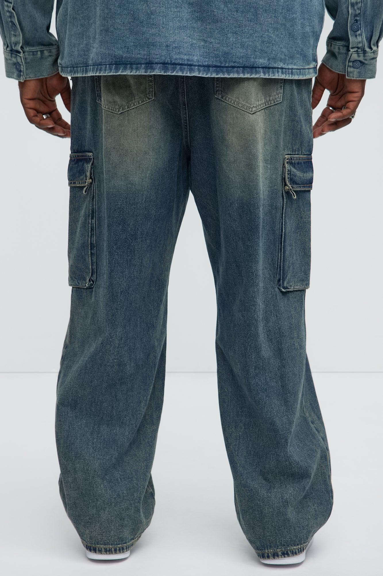 Tied Up Cargo Baggy Jeans - Medium Blue Wash Product Image