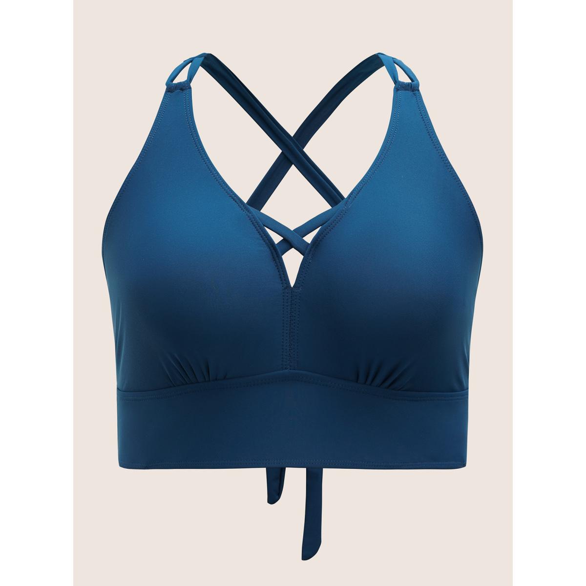 Plus Size Plain Cut Out Crisscross Tie Knot Swim Top Women's Swimwear Indigo Beach Cross straps High stretch Skinny U-neck Curve Swim Tops BloomChic 30/6X Product Image