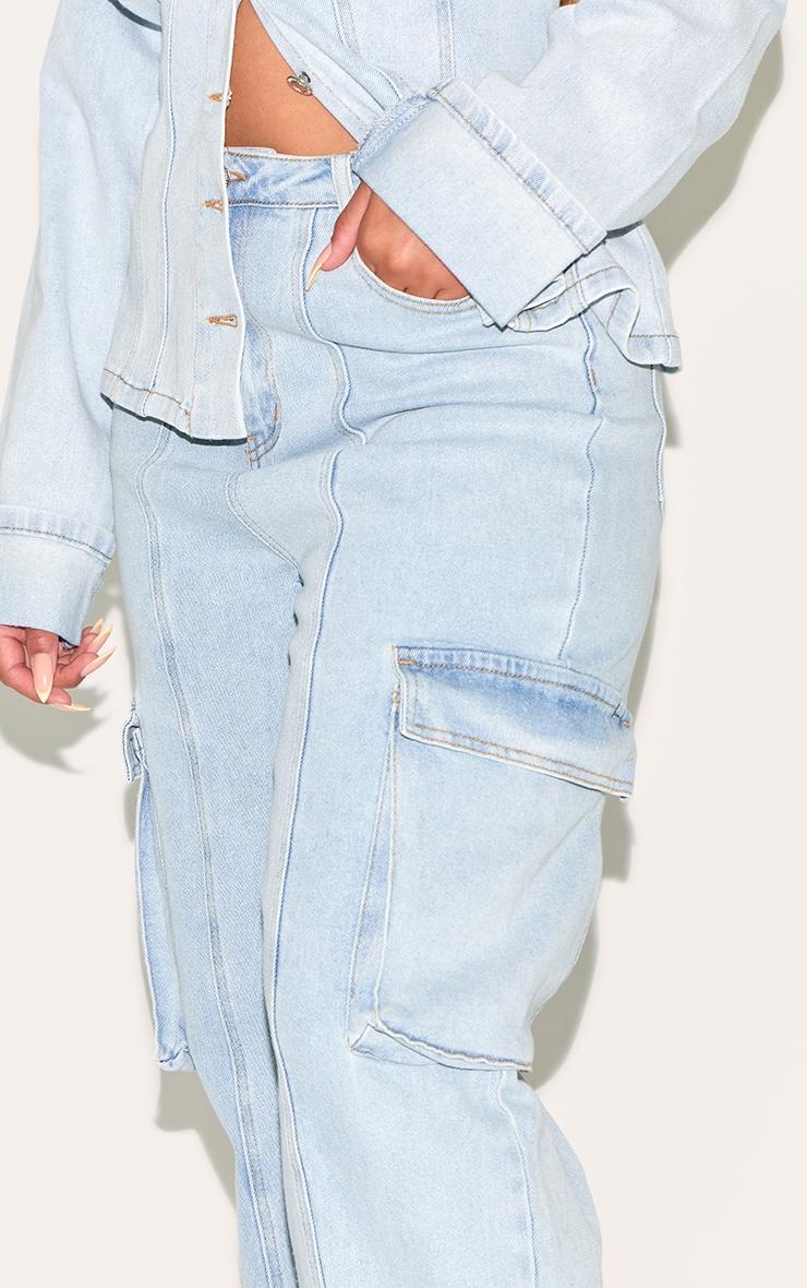 Shape Light Blue Stretch Denim Highwaisted Turn Up Hem Cargo Jeans Product Image