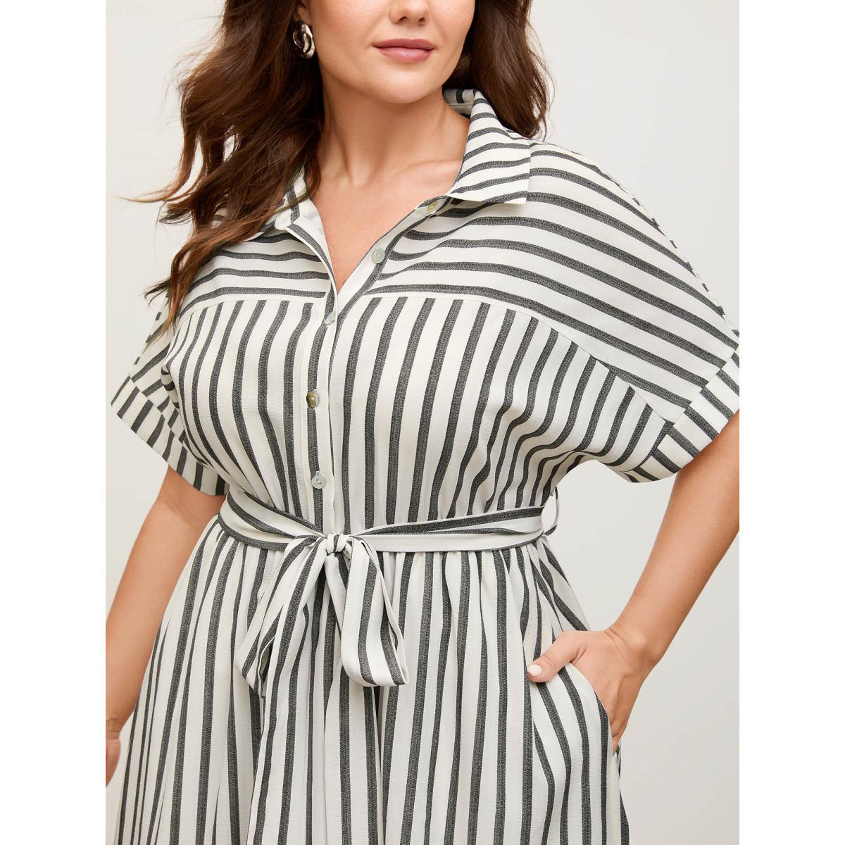 Plus Size Striped Belted Cinched Button Placket Midi Dress Black Women Belted Shirt collar Short sleeve Curvy BloomChic 26/4X Product Image