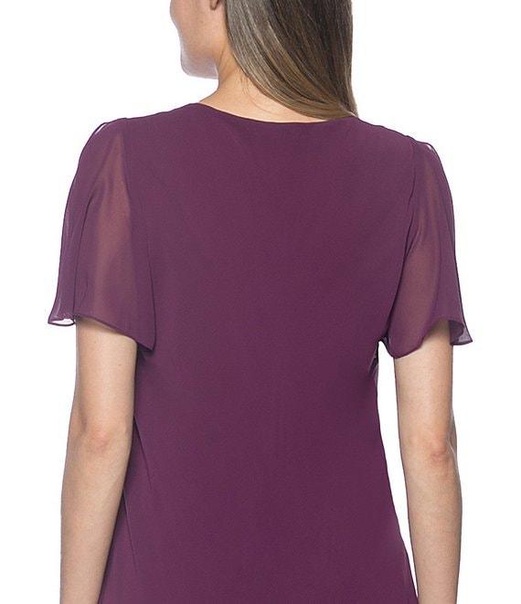 Marina Tiered Chiffon Rhinestone Keyhole V-Neck Flutter Short Sleeve Dress Product Image