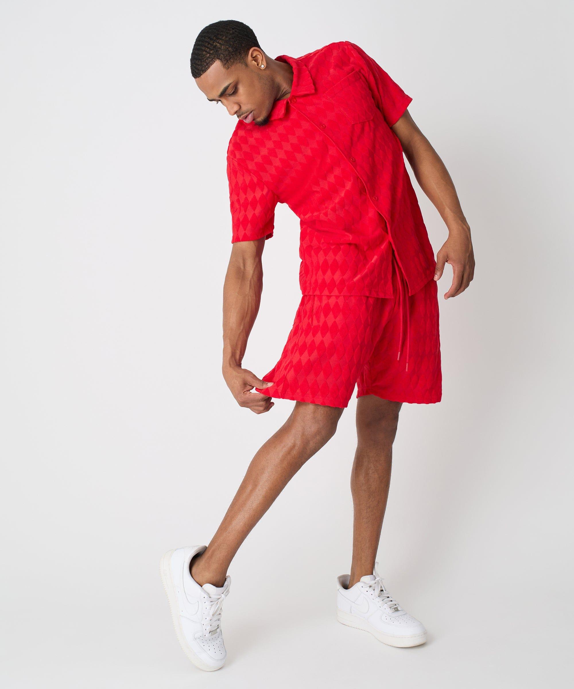 Diamond Plate Towel Color Blocked Short Sleeve Button Down Shirt - Red Product Image