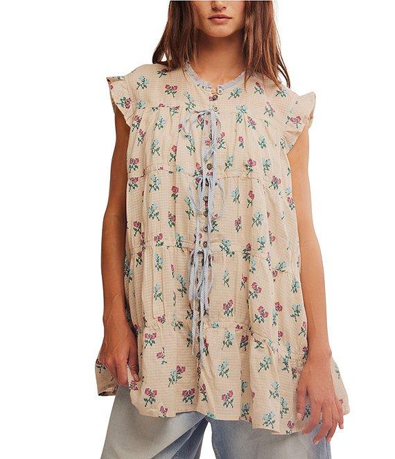 Free People Sundown Floral Print Split Neck Cap Sleeve Mini Babydoll Dress Product Image