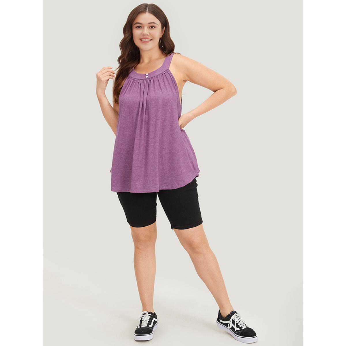 Plus Size Halter Gathered Button Detail Arc Hem Cami Top Women Purple Elegant Gathered Halter neck Dailywear Tank Tops Camis BloomChic 10/M Product Image